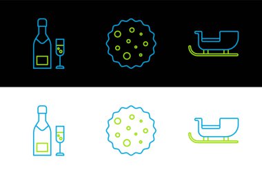 Noel Baba kızağı, şampanya şişesi ve bir bardak şampanya ve çikolatalı kurabiye ya da bisküvi. Vektör