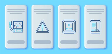 Çizgi ünlem işaretini üçgen, elektrik prizi, ampere ölçer, multimetre, voltmetre ve araba akü ikonuna ayarla. Vektör