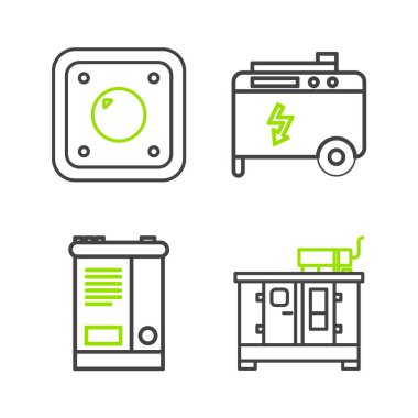 Dizel güç jeneratörü, araba aküsü, taşınabilir elektrik ve elektrik düğmesi ikonu ayarla. Vektör