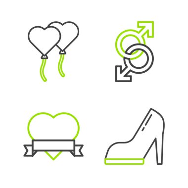 Yüksek topuklu kadın ayakkabısı ve kurdele erkek cinsiyet sembolü ve kalp ikonu şeklinde balonlar. Vektör.