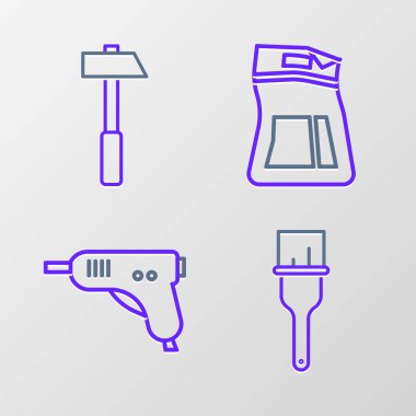 Boya fırçası, elektrikli tutkal tabancası, çimento torbası ve çekiç simgesi. Vektör