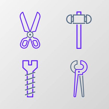 Kerpeten ve pense, metal vida, Balyoz ve Makas simgesini ayarla. Vektör