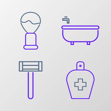 Sıvı antibakteriyel sabun, tıraş bıçağı, küvet ve fırça ikonu. Vektör