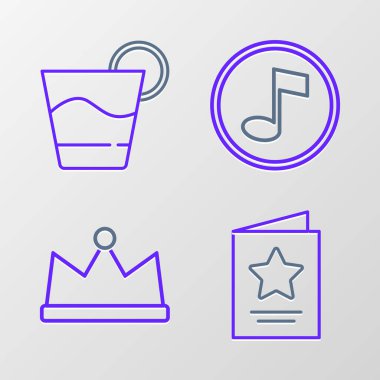 Hat çizgisi tebrik kartı, Crown, müzik notası, ton ve kokteyl ikonu. Vektör