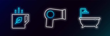 Küvet, çay fincanı, yaprak ve saç kurutma makinesi ikonu. Parlayan neon. Vektör