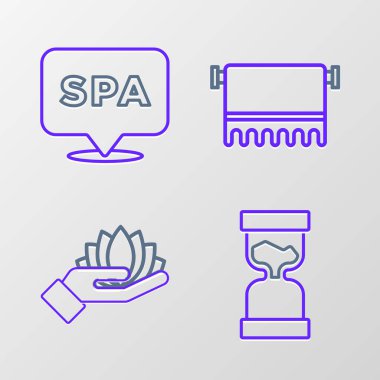 Eski kum saati, nilüfer çiçeği, askıda havlu ve kaplıca ikonu. Vektör