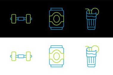 Fresh smoothie, Dumbbell ve Soda ikonu. Vektör