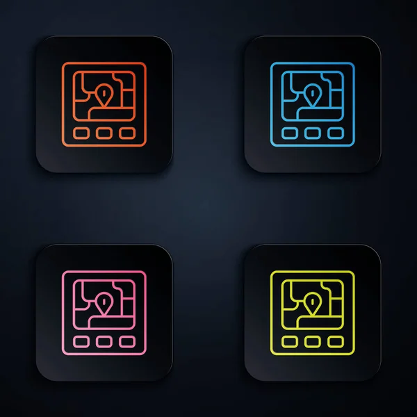 Barva Neonové Čáry Gps Zařízení Ikonou Mapy Izolované Černém Pozadí — Stockový vektor