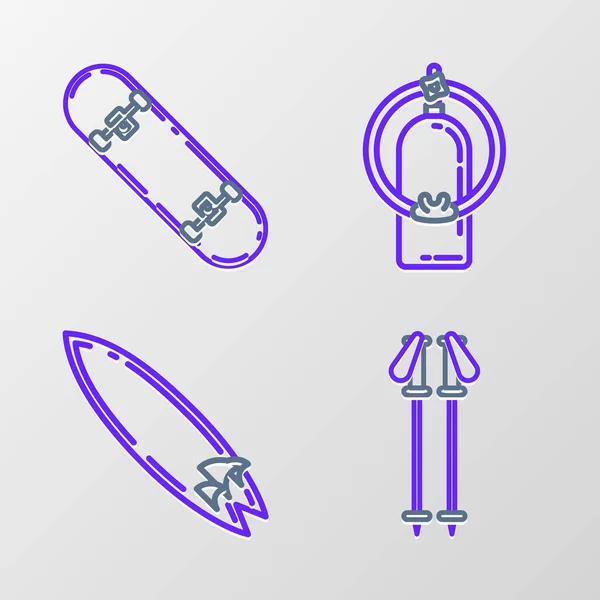 Définir Ligne Bâtons Ski Planche Surf Aqualung Skateboard Trick Icône — Image vectorielle