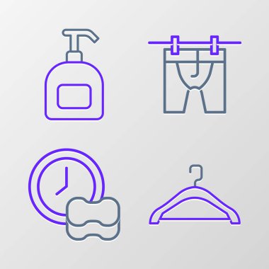 Hat askısı gardırobu, bulaşık yıkama, çamaşır kurutma ve bir şişe sıvı sabun ikonu. Vektör