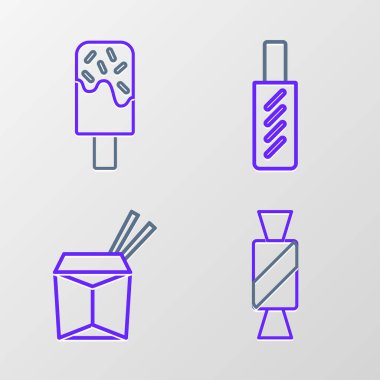 Set hattı Candy, Asya eriştesi çubukları, Hotdog sandviçi ve dondurma ikonu. Vektör