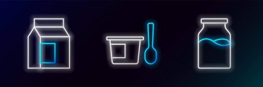 Süt şişesi, kağıt paketi ve yoğurt kaşığı ikonu. Parlayan neon. Vektör