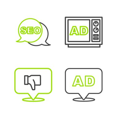 Satır Reklamcılığı, Hoşlanmayan konuşma balonu ve SEO optimizasyon simgesini ayarla. Vektör