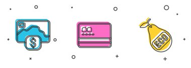 Kredi kartını ve sağlıklı organik armut simgesini ayarla. Vektör