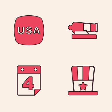 Vatansever Amerikan silindir şapkası, ABD Bağımsızlık Günü, Bombardıman ve Takvim, 4 Temmuz ikonu. Vektör