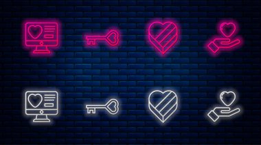 Satır anahtarını kalp şeklinde ayarla, Candy şeklinde bir kutu, internetten randevu uygulaması ve Heart Hand. Tuğla duvarda parlayan neon simgesi. Vektör