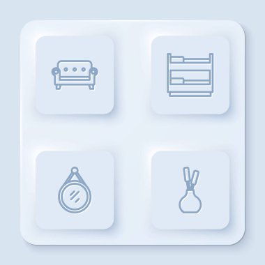 Sıra sıra kanepe, ranza, ayna ve vazo. Beyaz kare düğme. Vektör