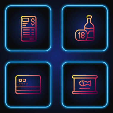 Konserve balık, kredi kartı, kağıt ya da finansal çek ve şarap şişesi. Renk simgeleri. Vektör