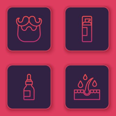 Bıyık, sakal, yağ şişesi, tıraş jeli köpüğü ve saç bakımı için hazır et. Mavi kare düğme. Vektör