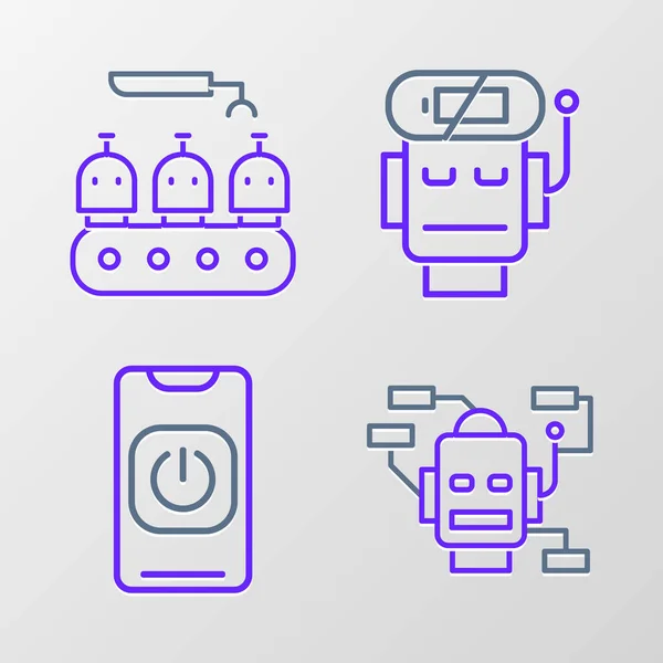 ラインロボットをセットし 携帯電話 低バッテリー充電 産業生産ロボットアイコンからロボットをオフにします ベクター — ストックベクタ