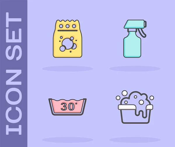 Set Waschbecken Mit Seifenlauge Waschmittel Temperaturwaschmittel Und Wassersprühflaschensymbol Vektor — Stockvektor