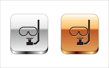 Siyah dalış maskesi ve beyaz arka planda izole edilmiş şnorkel ikonu. Olağanüstü bir spor. Su altı ekipmanları. Gümüş-altın kare düğme. Vektör.