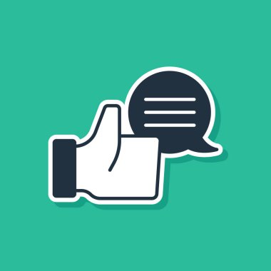 Mavi Tüketici veya müşteri ürün değerlendirme simgesi yeşil arkaplanda izole edildi. Vektör.