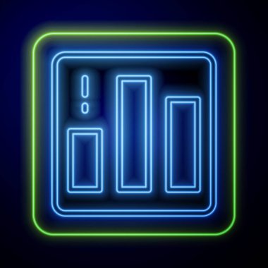 Parlayan neon pasta grafiği bilgi simgesi mavi arkaplanda izole edildi. Diyagram çizelgesi. Vektör.