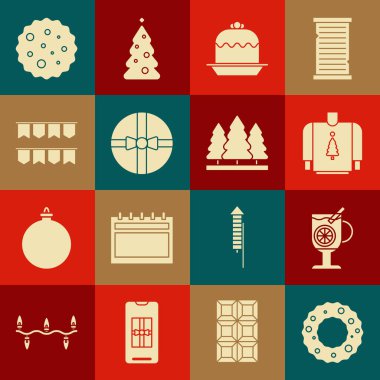 Noel çelengi, sıcak şarap, bir bardak içki, süveter, pasta, hediye kutusu, karnaval çelengi bayrakları, kurabiye ya da bisküvi çikolatası ve ağaç ikonu. Vektör