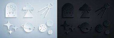 Set Gezegeni, Uydu, Kayan Yıldız, UFO uçan uzay gemisi ve Uzaylı simgesi. Vektör