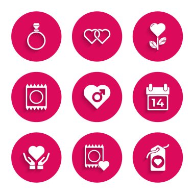 Takvim Takvimi 'nde 14 Şubat el şeklinde çiçek ve elmas nişan yüzüğü ikonunda erkek cinsiyet kondomuyla Kalp Ayarla. Vektör.