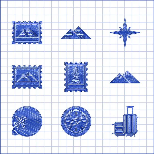 Set Postzegel Eiffeltoren Kompas Reiskoffer Bergen Globe Met Vliegend Vliegtuig — Stockvector