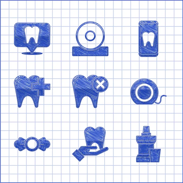 Установите Зуб Кариеса Mouthwash Пластиковой Бутылки Зубной Нитью Конфеты Клиники — стоковый вектор