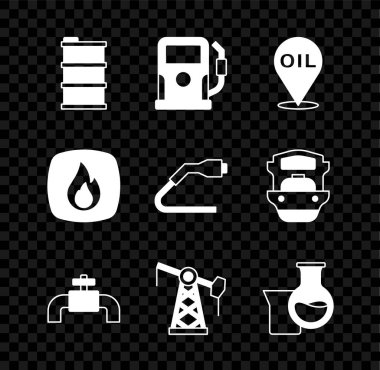 Varil yağı, benzin istasyonu, yakıt ikmali, metal boru ve valf, yağ pompası kriko, test tüpü, yangın alevi ve elektrik kablosu şarj ikonu ayarlayın. Vektör