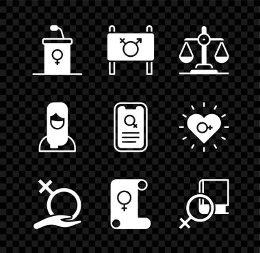 Münazara kürsüsü kürsüsü kürsüsü Feminist Kadın Cinsiyet Eşitliği Kadın Cinsiyet Feminizmi Kitabı Kadın Müslüman kadın tesettür ve Randevu uygulaması ikonu. Vektör.