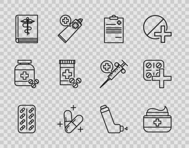 Su toplayan haplar, merhem krem tüpü ilacı klinik kaydı olan tıbbi pano ilaç tableti, kitap, şişe ve haplar, astım ilacı ve ikon. Vektör