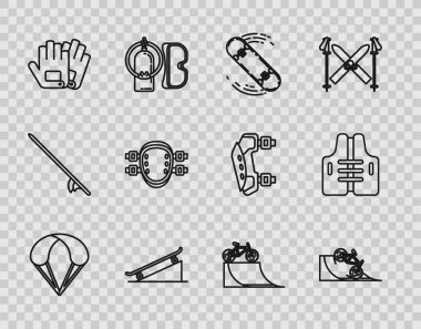 Halat paraşütü, bisiklet sokak rampasında, kaykay numarası, eldivenler, dizlikler ve can yeleği ikonu. Vektör