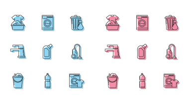 Köpük ve köpüklü kova, sıvı bulaşık deterjanı için plastik şişeler, havza sabunu köpüğü, çamaşır makinesi tişörtü, elektrikli süpürge, su musluğu ve ikon. Vektör