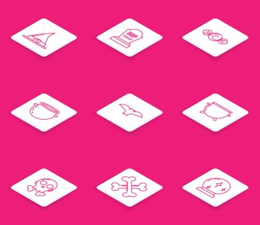 Çizgiyi Cadı Şapkası Tombstone ve RIP Şeker Cadılar Bayramı cadı kazanı Uçan Yarasa Kafatası çapraz kemikleri ve çapraz ikon. Vektör.