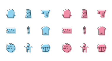 Tatlı jöleli Donut, zencefilli kurabiye, fırın hamurlu kek mısır gevreği, çavdar ekmeği, çavdar ekmeği, peynir ve ızgara ikon. Vektör.