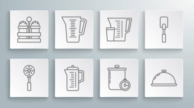 Spatula, Ölçme kabı, Çaydanlık, Yemek pişirme ve mutfak zamanlayıcısı, tepsi dolusu yiyecek ve tuz biberi ikonu ile kaplı. Vektör