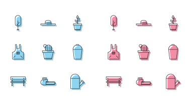 Bench Testereli Ağaç Sulama Kutusu Kaktüs ve Kova Mutfak önlüğü ve İşçi Şapkası ikonu. Vektör.