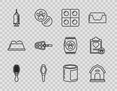 Köpek ve kedi köpek barınağı hapları için çizgi saç fırçası evcil hayvan aşısı enjektörlü şırınga konserve yiyecek ve klipsli klinik kayıt ikonu. Vektör.