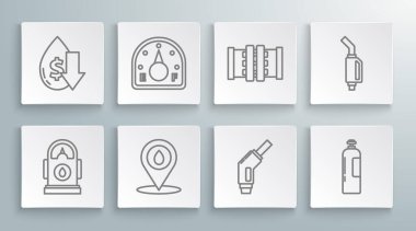 Petrol ya da benzin istasyonu, motor benzin göstergesi, yakıt doldurma yeri, benzin pompası nozülü, sanayi silindir tankı, endüstriyel metalik borular ve valf ayarlayın ve ham petrol fiyatını düşürün. Vektör