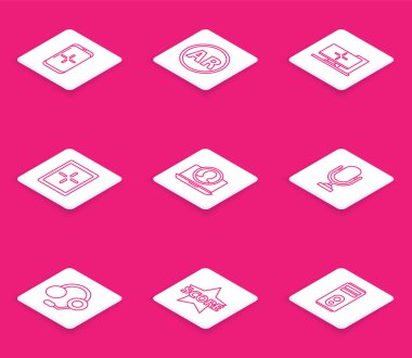 Satır Smartphone 'u ayarla ve oyunda oyna, Ar, artırılmış gerçeklik, bilgisayar monitörü, Tablet, hesap ekranı, mikrofon, kulaklık ve yıldız simgesi oluştur. Vektör