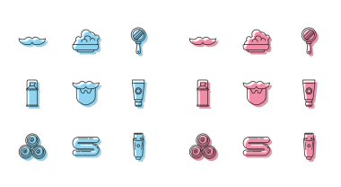 Havlu ruloları, bıyık, elektrikli saç kesme makinesi, tıraş makinesi, sakal, krem losyon kozmetik tüpü, tıraş jeli köpüğü ve ikon. Vektör