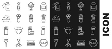 Bıyık Bıyıklı Kuaför tabanca sprey şişesi tıraş aynası yuvarlak elektrikli tıraş bıçağı atomizer ve ikonlu tıraş köpüğü losyonu. Vektör.