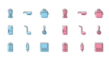 Tuzlu Rolling Pin Blender Elektronik Pul Mutfak Kepçeli Pizza Bıçak Buzdolabı ve Tava ikonu. Vektör.