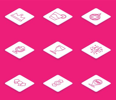 Crown Cocktail Disko topu Mikrofon Şarap Cam Müzik nota tonu Bow kravat ve Candy ikonu. Vektör.