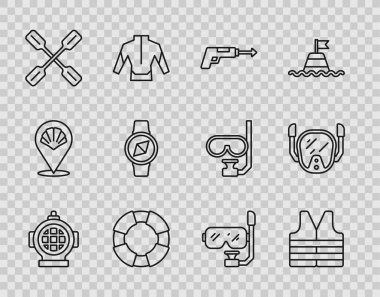 Hat Aqualung Life ceketi balıkçı zıpkını Lifebuoy Paddle Pusula Dalış maskesi ve şnorkel ve ikon. Vektör.